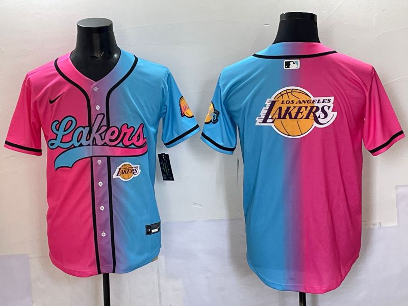 Men 2025 Los Angeles Lakers Blank Blue pink Nike Joint Name NBA Jersey style 15